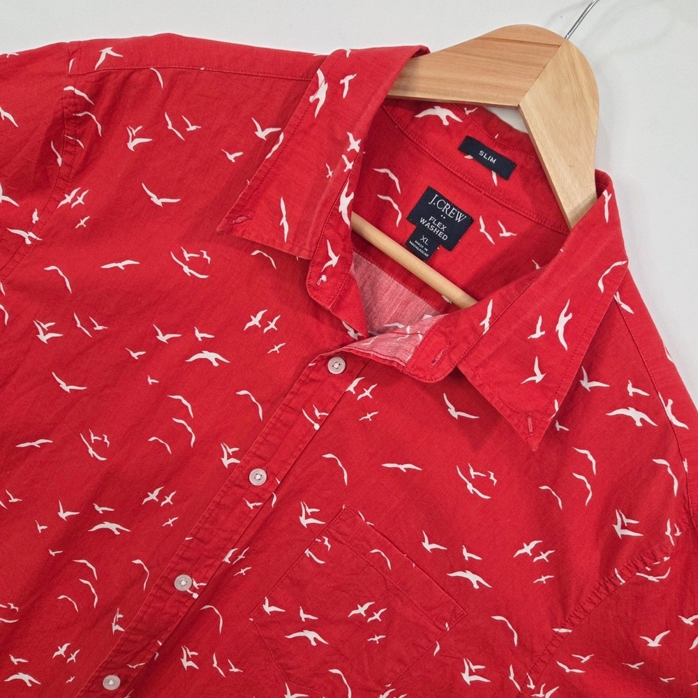 J.Crew‎ Mens Red Cotton Button Down Shirt XL Bird Print Slim Fit Casual Preppy